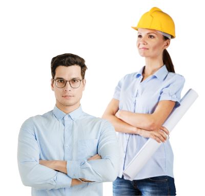 torso shots of a man wearing glasses and with crossed arms facing the camera and a woman with crossed arms and wearing a yellow construction hat , a blue shirt and jeans