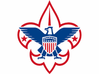 Boy Scouts logo with a blue and white fleur-de-lis with three points, featuring an eagle, shield, and stars in the center, symbolizing scouting values.