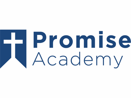 Promise Academy logo with blue lettering and a blue flag with the outline of a cross. 