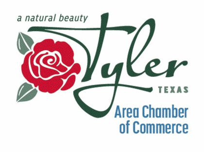 Tyler Area Chamber of Commerce logo featuring green and blue lettering with a red rose. 