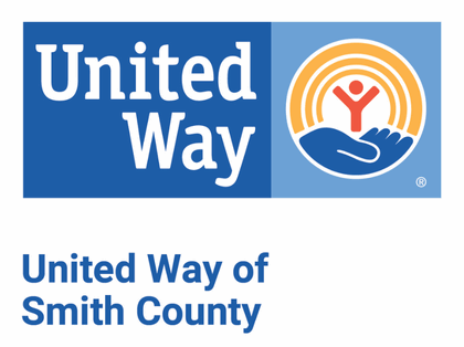 United Way of Smith County logo with different shades of blue, yellow, and red. Circle featuring a human figure standing in the palm of a hand.