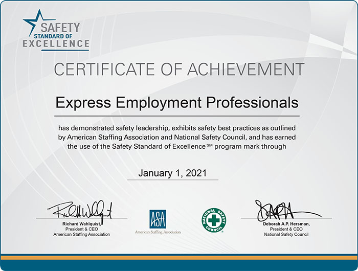 Our employment agency in Longview, WA's certification of safety acheivement