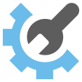 a blue and black icon of a wrench and partial gear